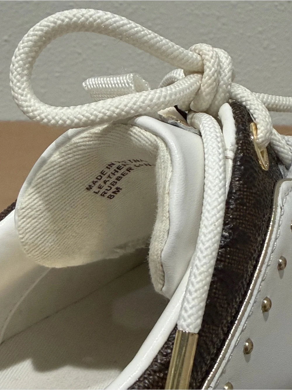 Michael Kors White Brown MK Logo Monogram Chunky Sneakers Gold Studs – Women’s 8